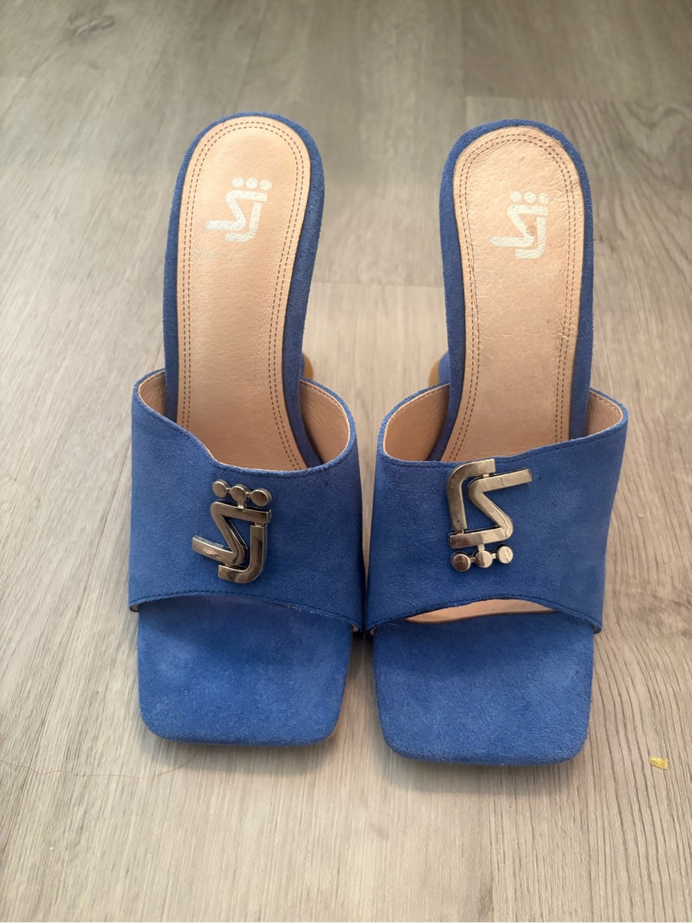 Blue Suede Slide Mules with Branded Metal Accent